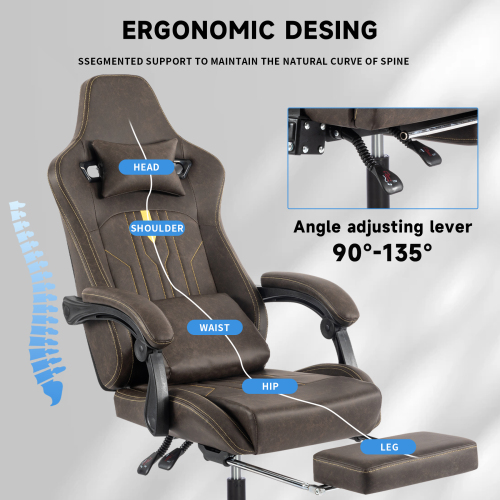 Gaming Chair, Video Game Chair with Massage Lumbar Support and Footrest, Comfortable Ergonomic Computer Chair with Linkage Armrests, Height Adjustable Racing Game Chair Pu Leather for Adults,Brown、、casual