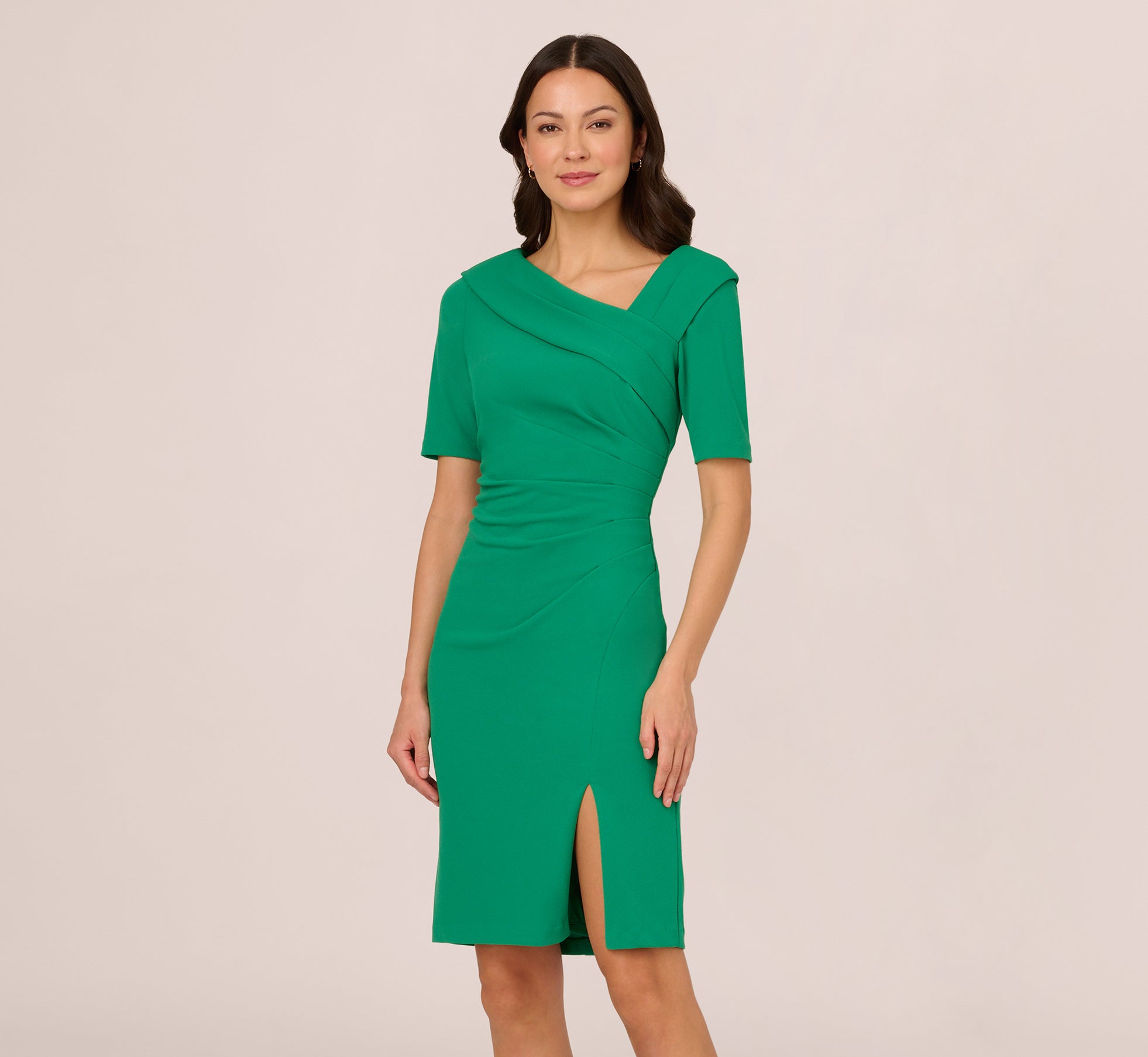 Short Sleeves Sheath Dress With Asymmetrical Neckline In Vivid Green、mySite、solidvoid
