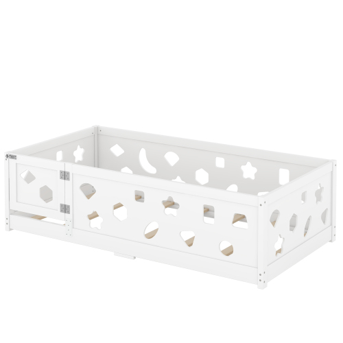 Twin Size Floor Bed with Heightened Safety Guardrails and Door, Solid Wood Bedframe with Rails for Girls, Boys, Teens, Child Bedroom, Kids Playroom, No Slats Included, White、、casual
