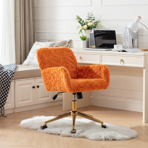 A&A Furniture Office Chair,Artificial rabbit hair Home Office Chair with Golden Metal Base,Adjustable Desk Chair Swivel Office Chair,Vanity Chair(Orange)、、casual
