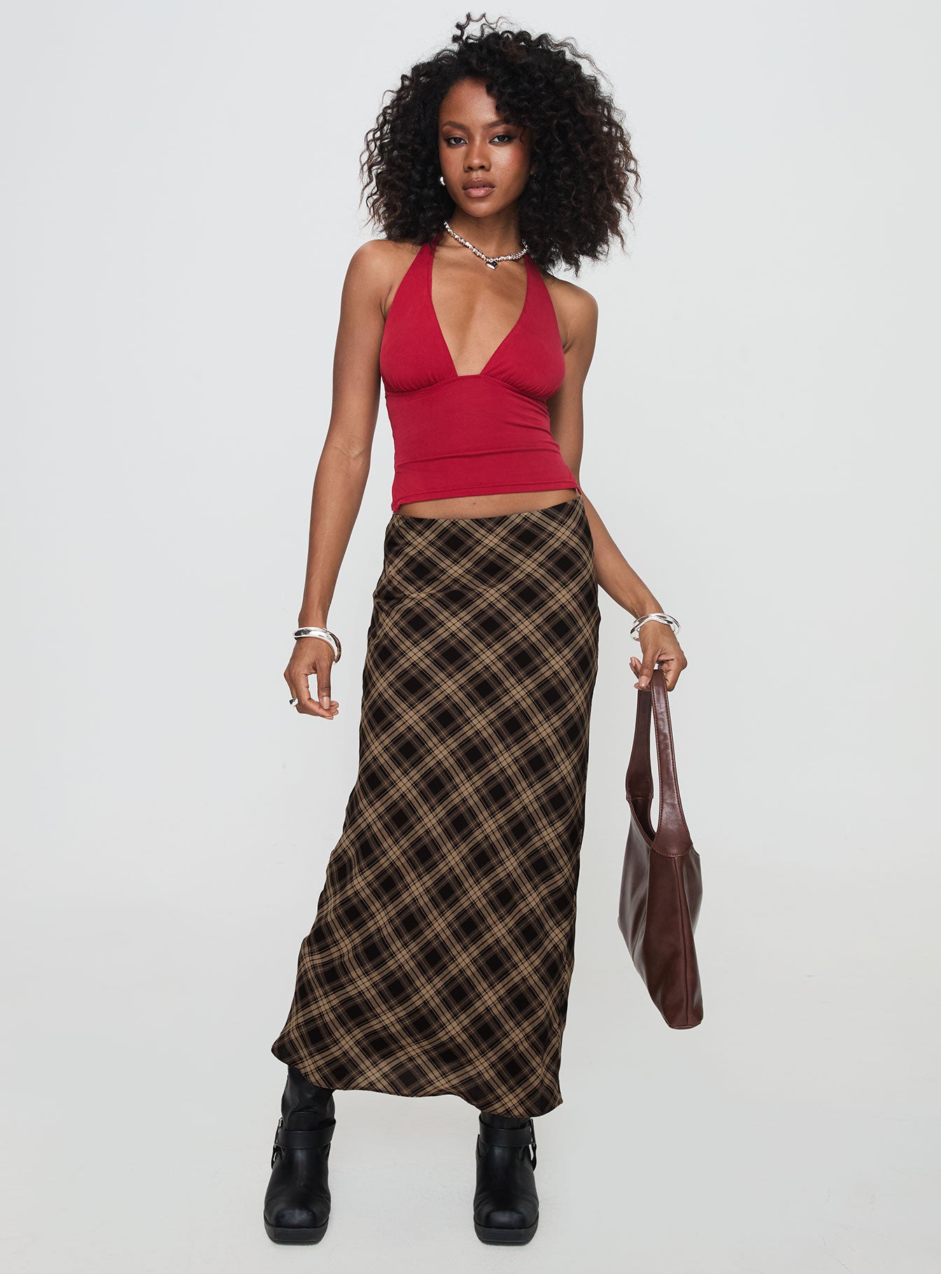 Hayze Maxi Skirt Brown Check、mySite、solidvoid
