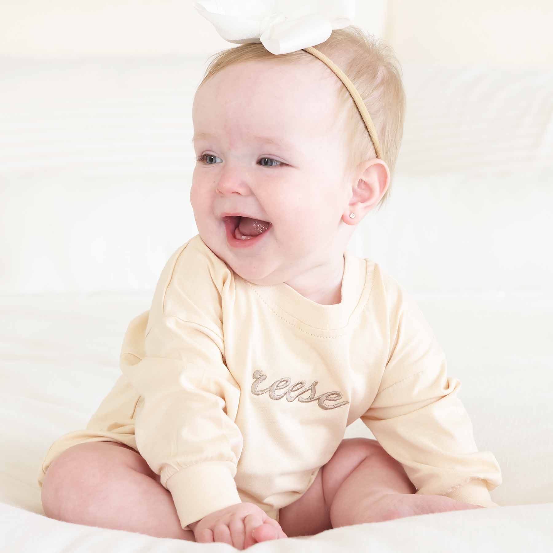  Personalized Script Name Long Sleeve Bubble Romper | Natural、mySite、layawaytickets