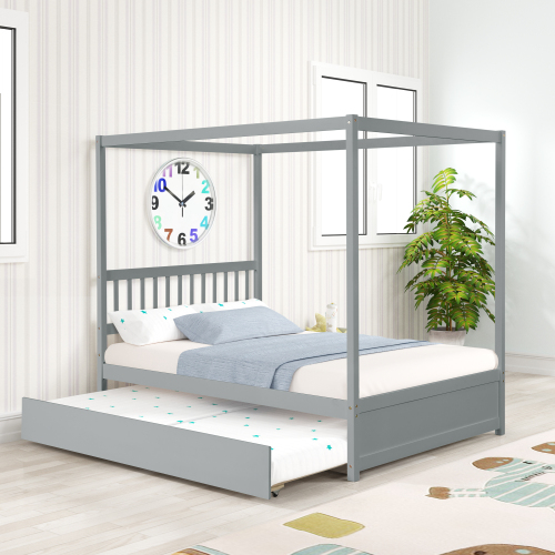 Full Size Canopy Bed with Twin Trundle, Kids Solid Wood Platform Bed Frame w/ Headboard, No Box Spring Needed Grey Color、、xpatfood