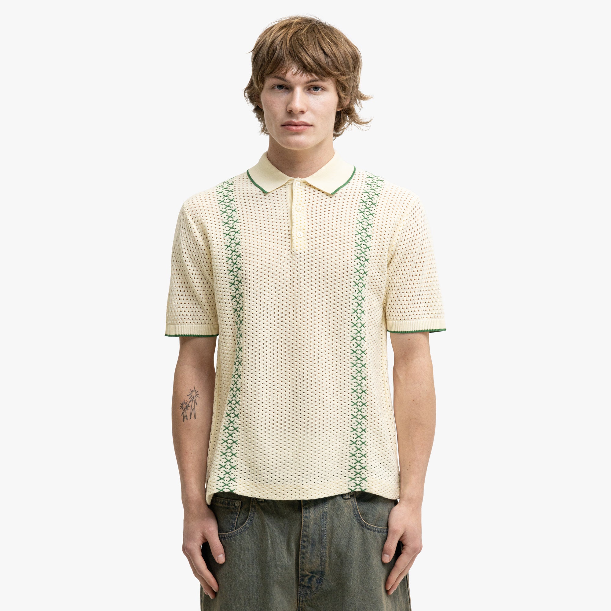  BEAMS PLUS Mesh Knit Stripe Polo Off White、mySite、merchandisen