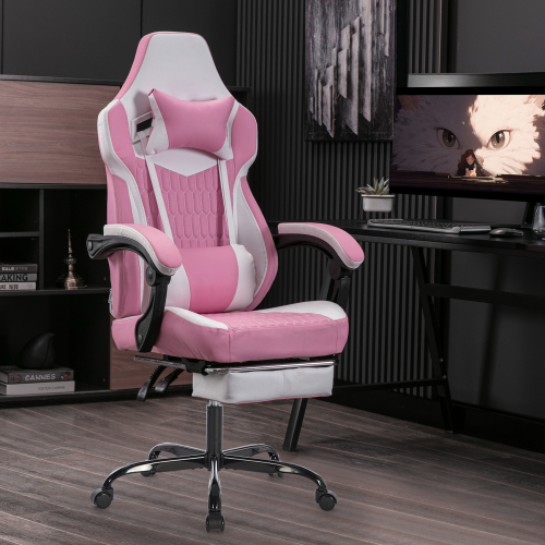 Gaming Chair with Footrest, High Back Gaming Chairs PVC Leather Ergonomic Office Gamer Chair Headrest Lumbar Support Racing Style Video Gaming Chair (Black White)、、casual