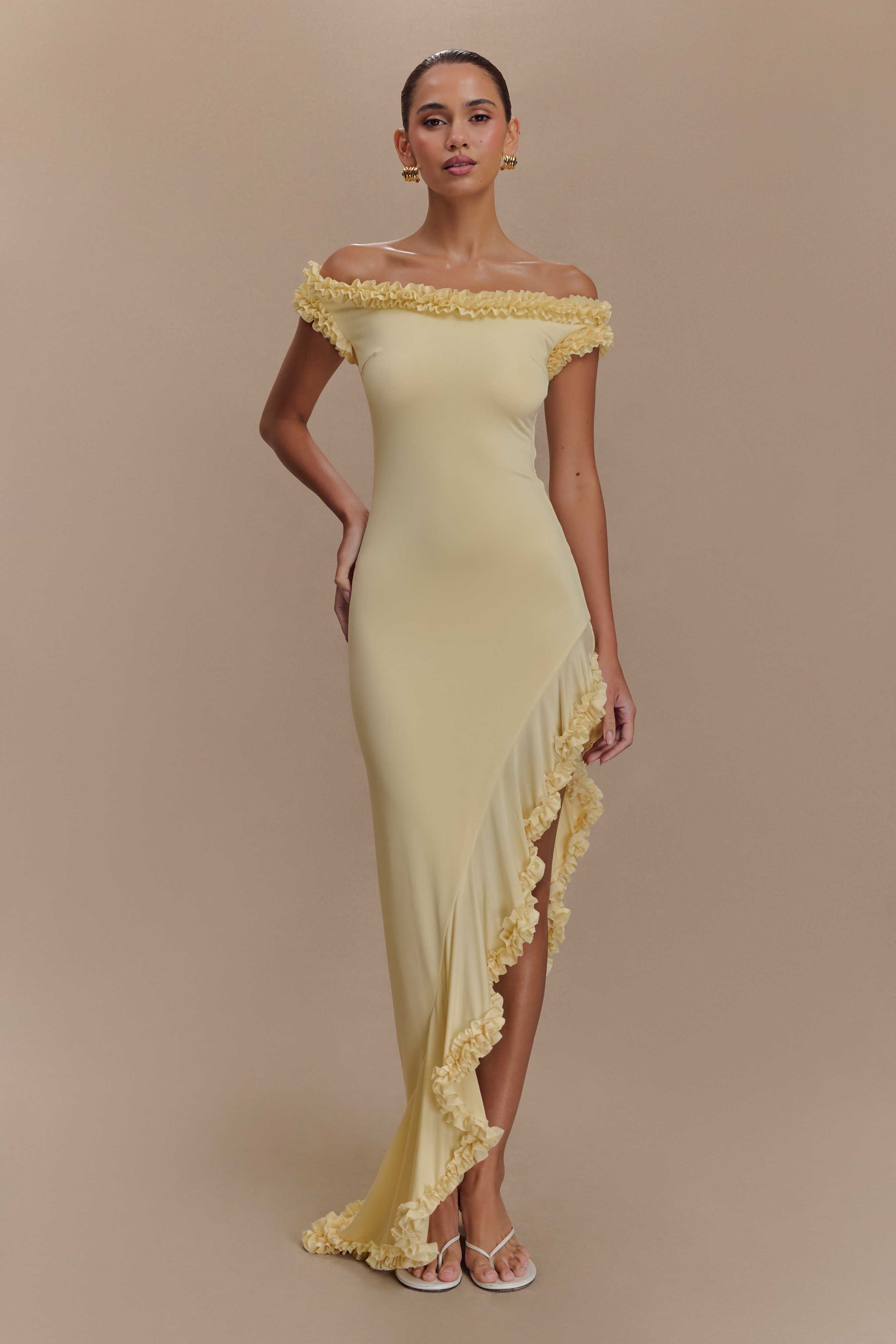 Arielle Off Shoulder Ruffle Midi Dress - Pastel Lemon、mySite、solidvoid