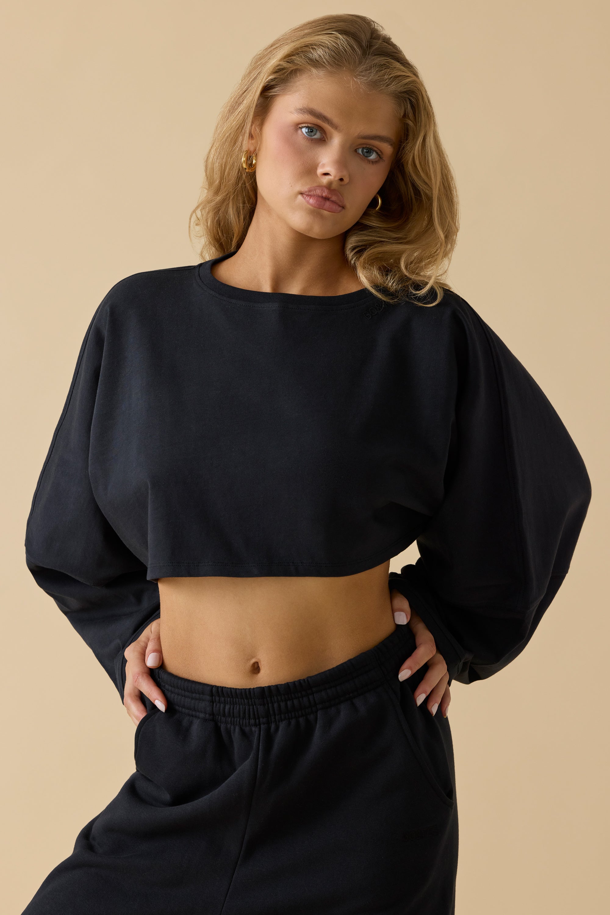 Oversized Long Sleeve Crop Top in Black、mySite、solidvoid