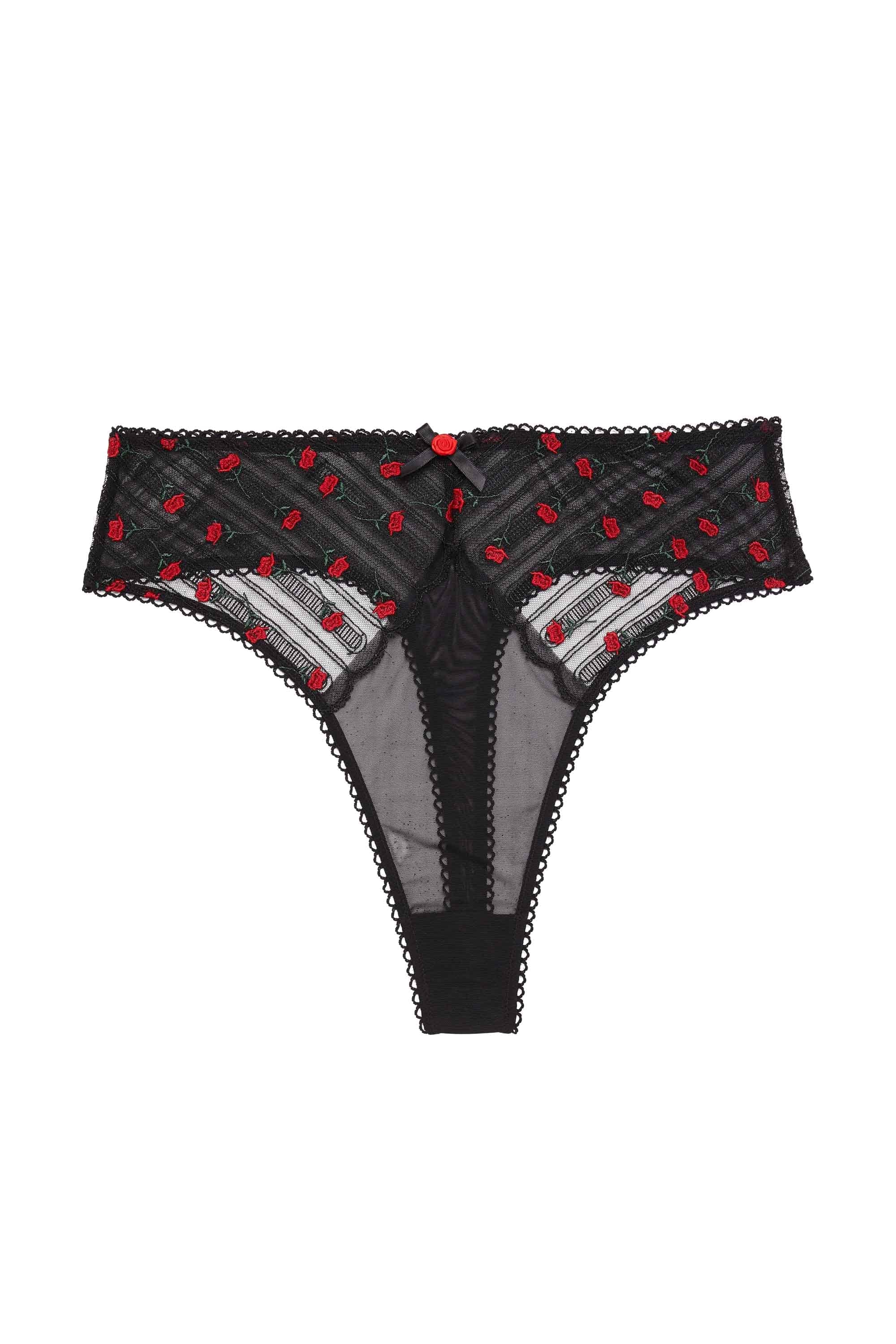 Elodie Black and Red Rosebud Embroidery High Waist Thong、mySite、bengalsvssteelers