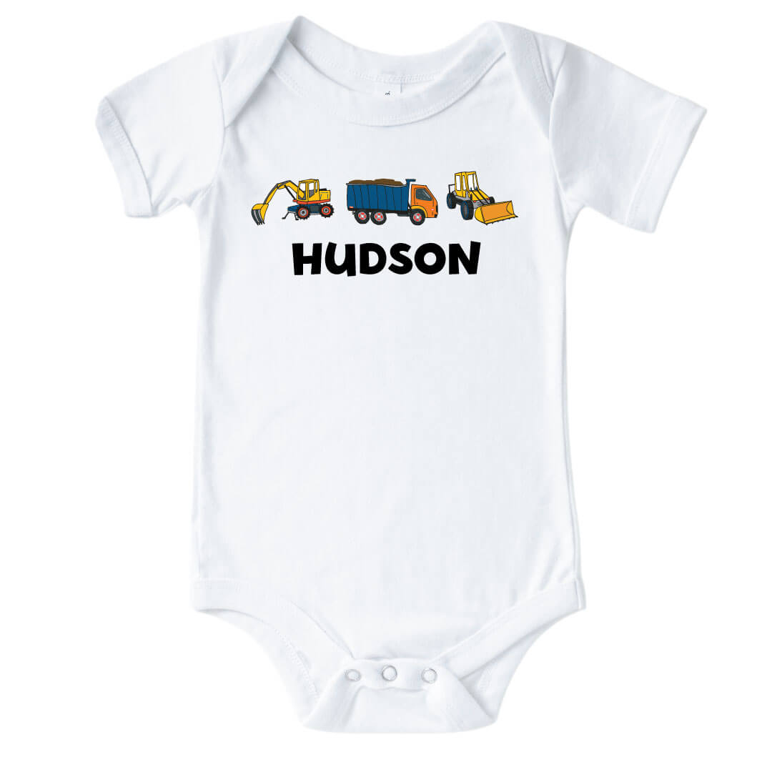  Personalized Construction Trucks Graphic Bodysuit | White、mySite、layawaytickets