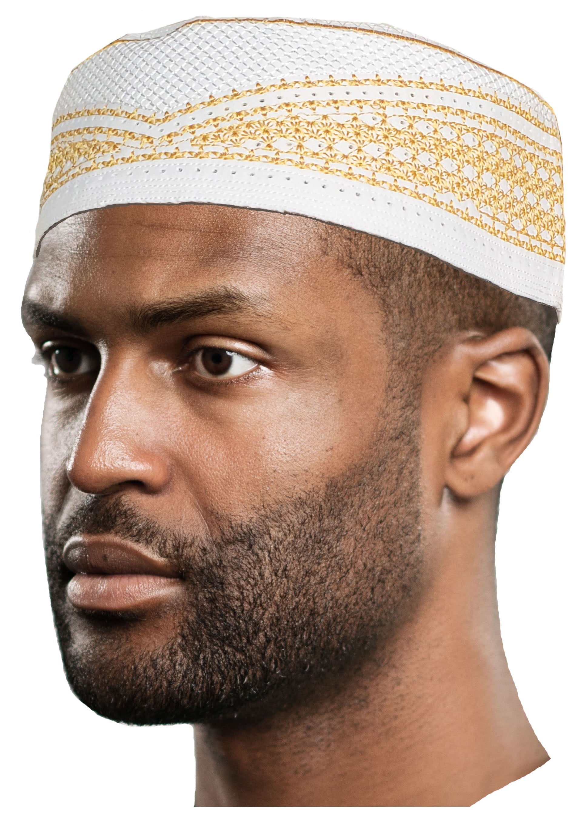 White and Gold Kofia Hat African Embroidered Kufi Cap-DPH622、mySite、solidvoid
