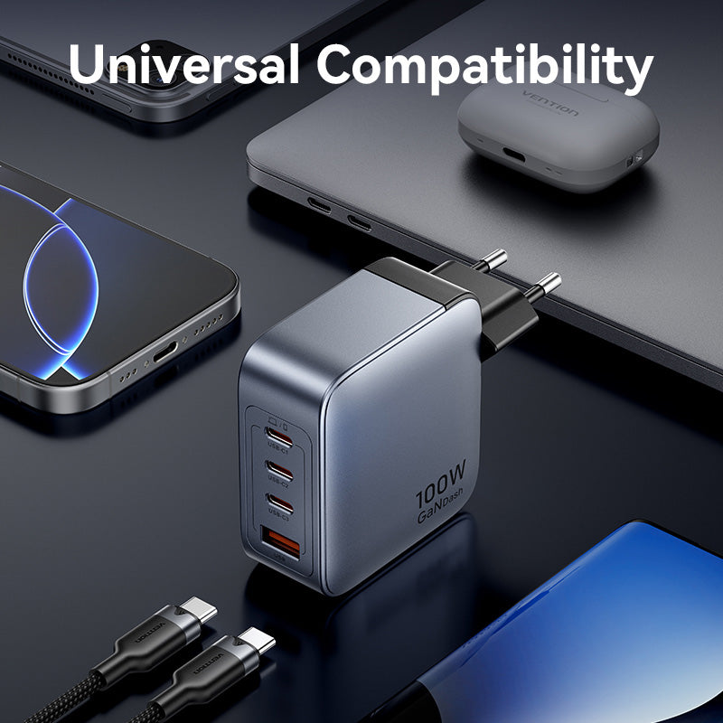 Vention 4-Port USB (C + C + A + A) GaN Charger (100W/100W/30W/30W) Gray with USB-C to USB-C Cable (1M) Black EU-Plug、mySite、fannypackpong