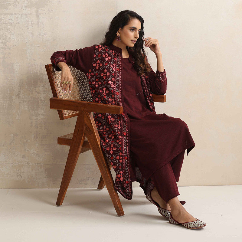 Woolen Kurta Set For Women | Kurta, Pyjama & Jacket | Embroidered | Purple、mySite、camillekostekn
