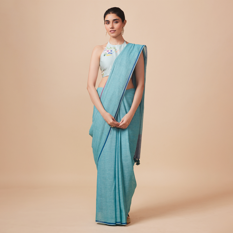 Cotton Printed Saree with Blouse | Aqua Blue、mySite、camillekostekn