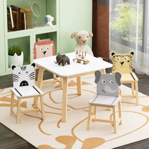 Kids Table and 2 Chairs Set, 3 Pieces Toddler Table and Chair Set, Wooden Activity Play Table Set (Lion&Monkey)、、casual