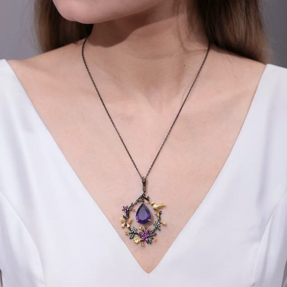 Hummingbird Floral Statement Necklace 925 Sterling Silver Waterproof Vintage Topaz, Amethyst or Citrine、mySite、g9winljtr