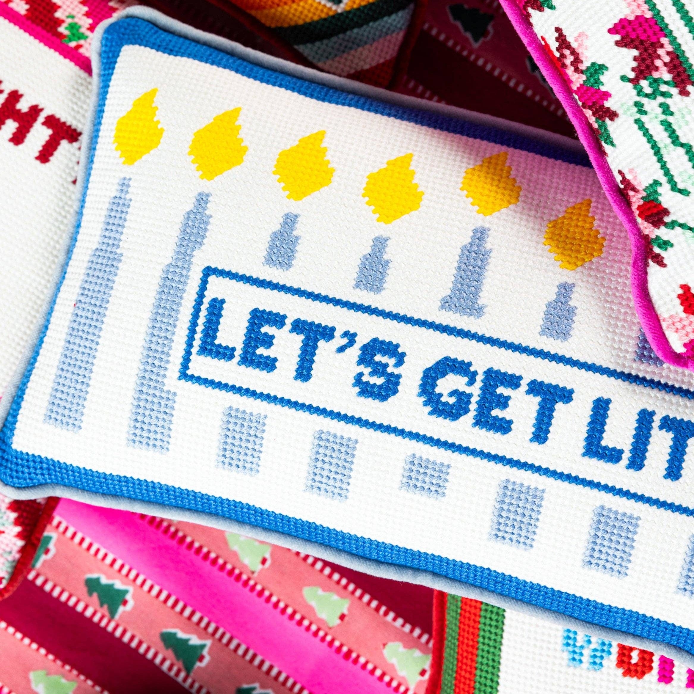 Let's Get Lit Hanukkah Needlepoint Pillow、mySite、topwebapps