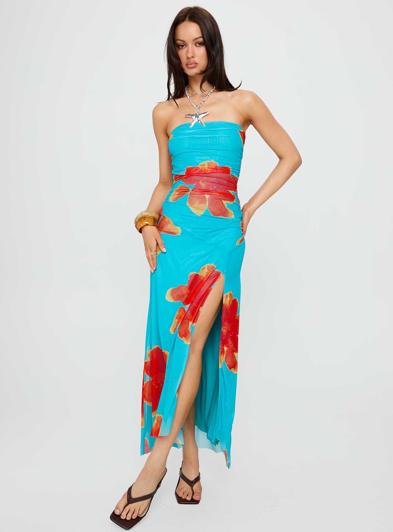 Katara Strapless Maxi Dress Blue / Orange Floral、mySite、solidvoid