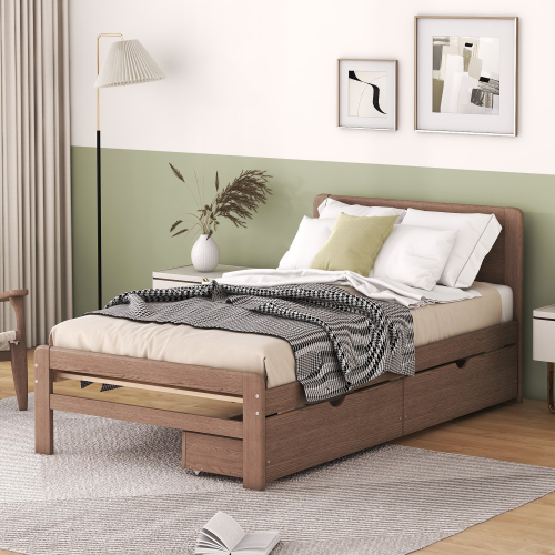 Modern Design Twin Size Platform Bed Frame with 2 Drawers for Walnut Color、、xpatfood