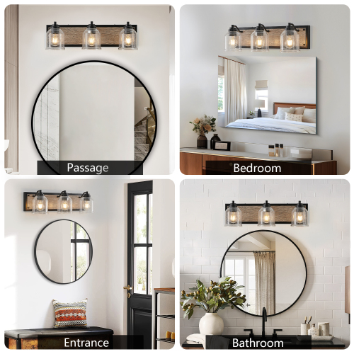40&quot; Farmhouse Vanity Light Fixture, 5-Light Bathroom Wall Sconce with Clear Seeded Glass Shades, Black and Wood Grain Finish, Modern Industrial Design for Bathroom or Powder Room (No Bulbs)、、eastwooduniform