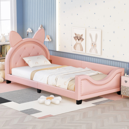 Twin Size Upholstered Daybed with Carton Ears Shaped Headboard, Pink、、casual