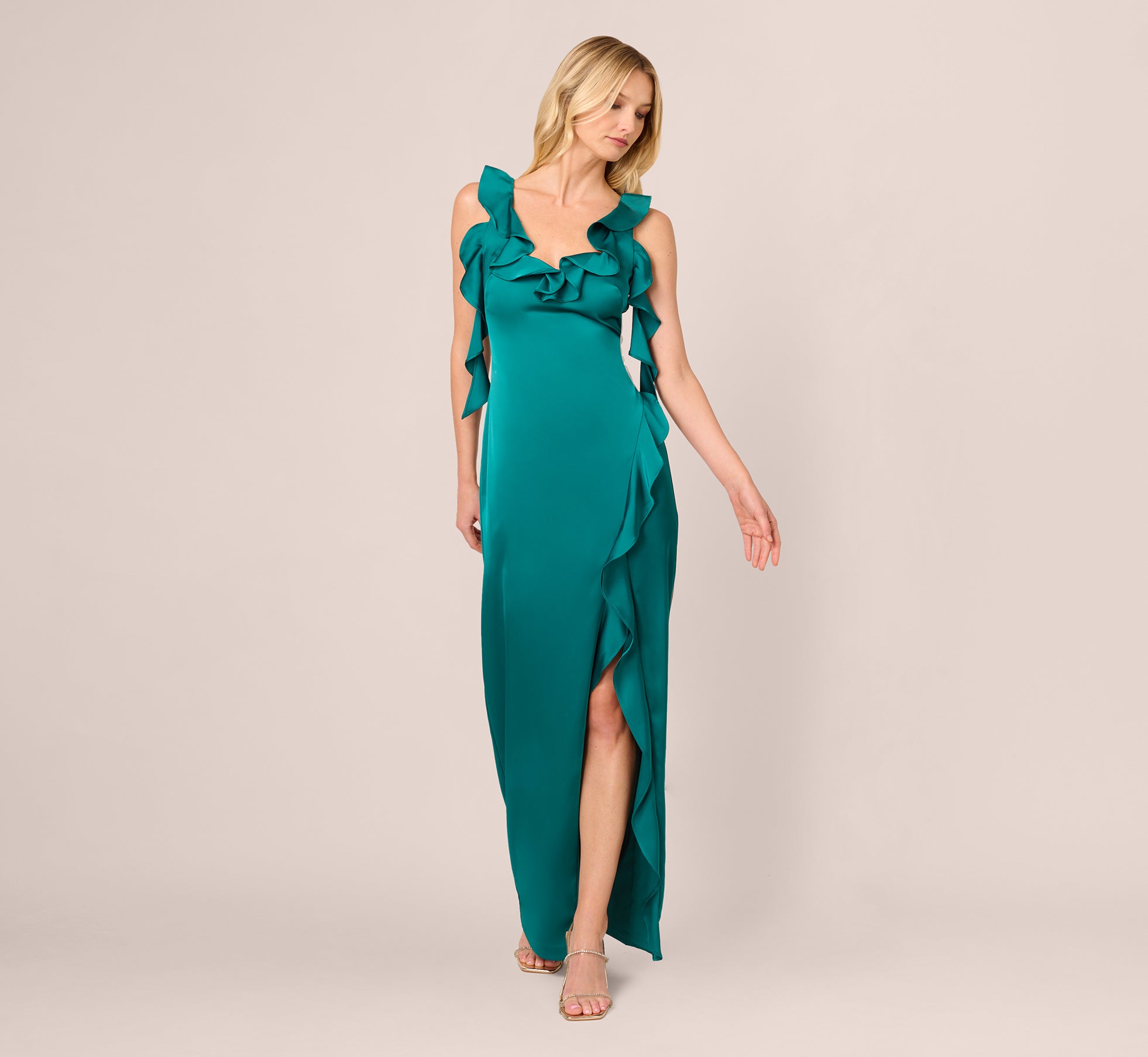 Stretch Satin Ruffle Long Dress In Deep Emerald、mySite、solidvoid