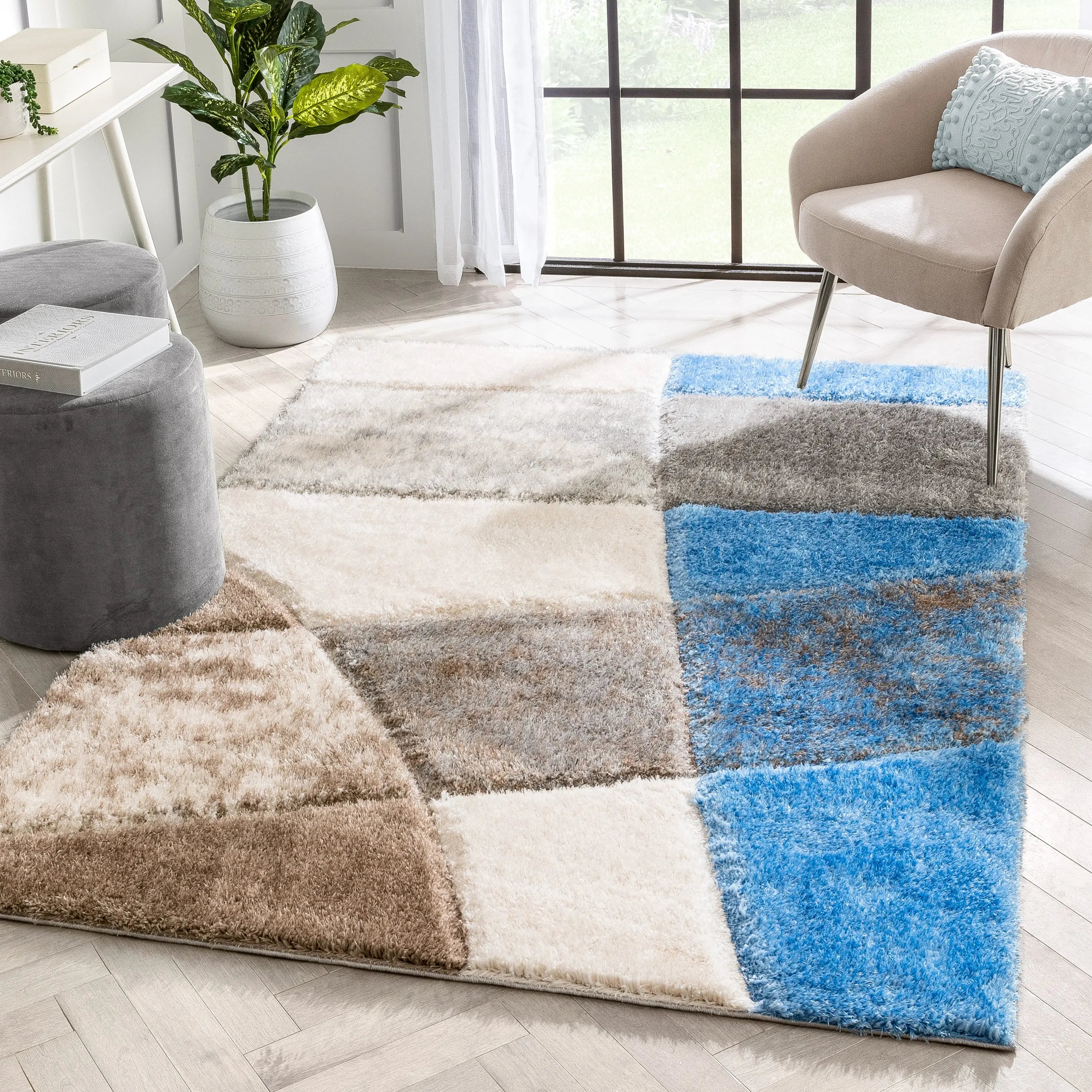 Remi Contemporary Geometric Boxes 3D Textured Shag Grey Light Blue Rug、mySite、gigharbornorthrealestate