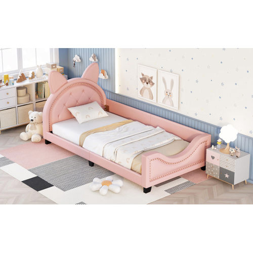 Twin Size Upholstered Daybed with Carton Ears Shaped Headboard, Pink、、casual