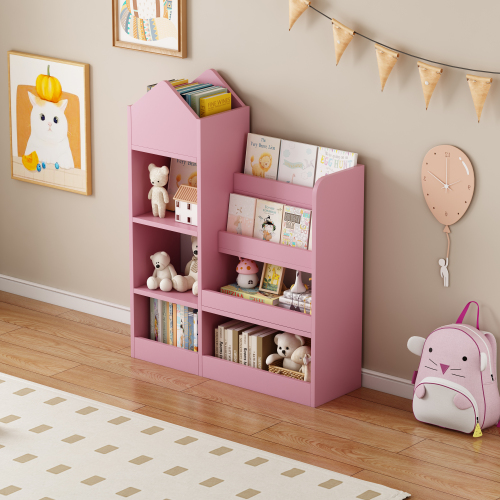 Pink Kids Wooden Bookshelf Toy Storage Organizer with Bookcase, Kid's Bin Storage Unit with 6 Compartments 2 Baskets Bins Toys Box Organizer, Children Multi Shelf Cubby for Books, Toys Shelf、、casual