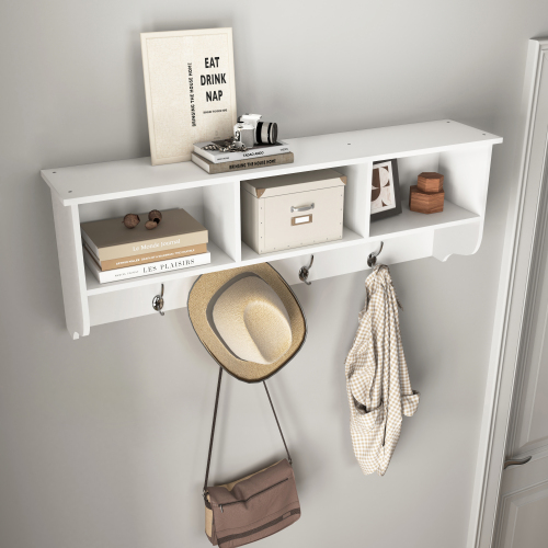 White Entryway Wall Mounted Coat Rack with 4 Dual Hooks Living Room Wooden Storage Shelf、、casual