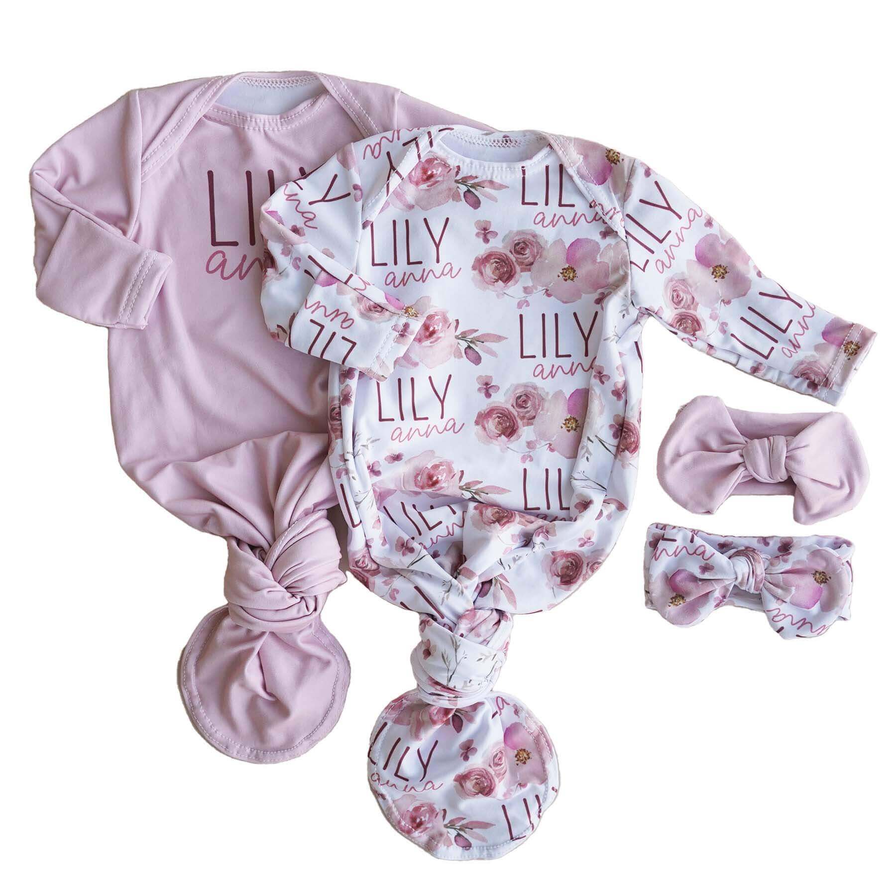 Rosie's Rose Garden Floral Personalized Newborn Baby Knot Gown、mySite、layawaytickets