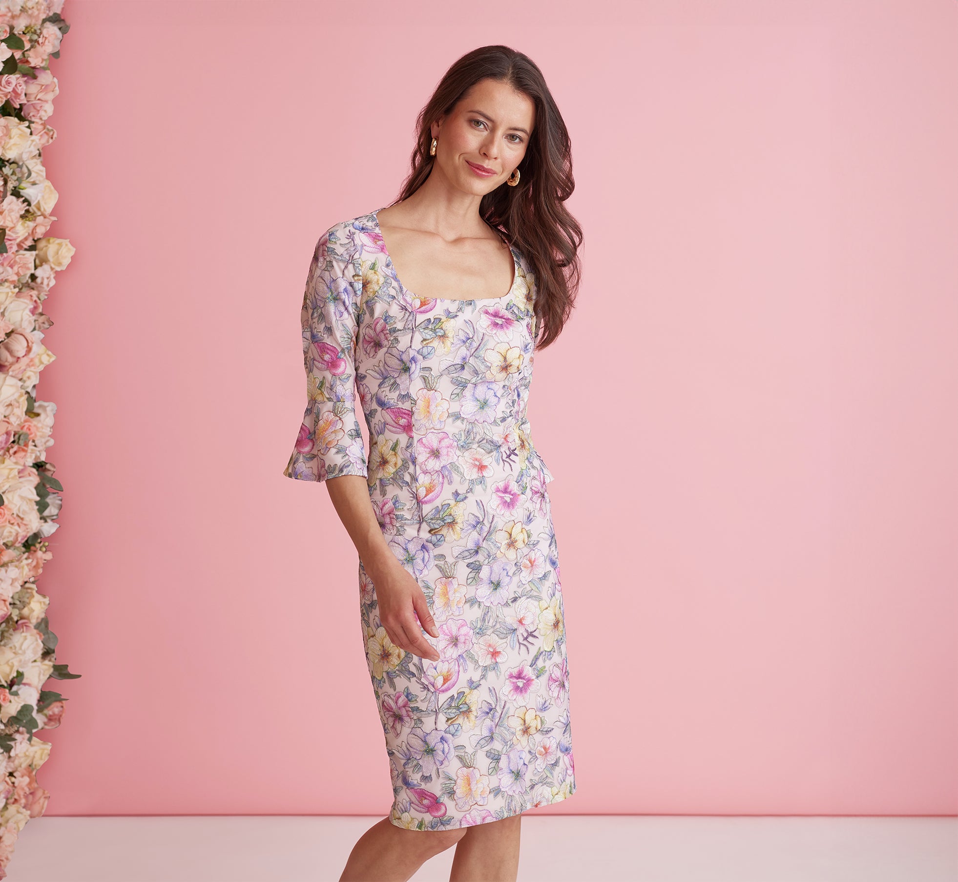 Floral Embroidered Sheath Dress With Three Quarter Bell Sleeves In Blush Multi、mySite、solidvoid