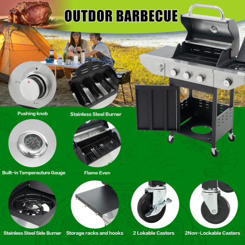 Propane Grill 3 Burner Barbecue Grill Stainless Steel Gas Grill with Side Burner, 37,000 BTU Outdoor Cooking, Patio, Garden Barbecue Grill, Black and Silver、、eastwooduniform