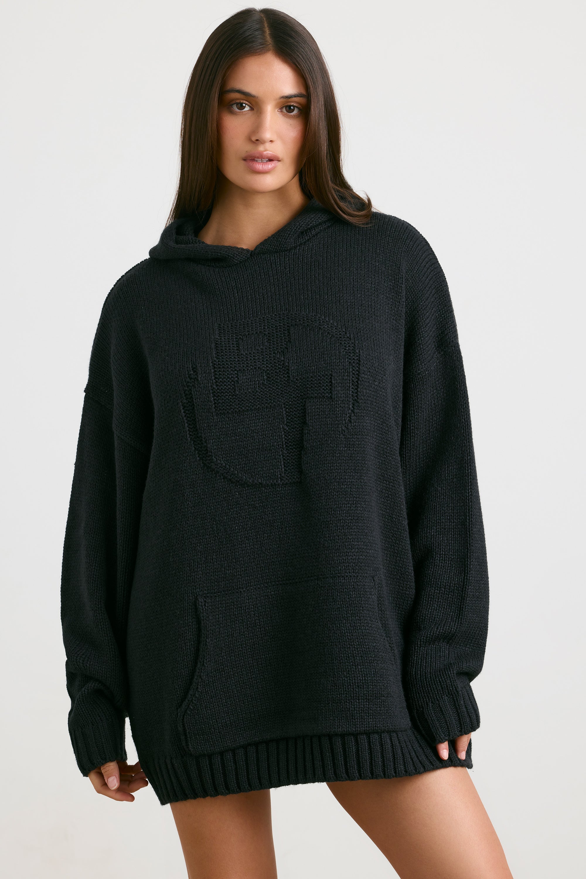 Oversized Chunky Knit Hoodie in Black、mySite、solidvoid