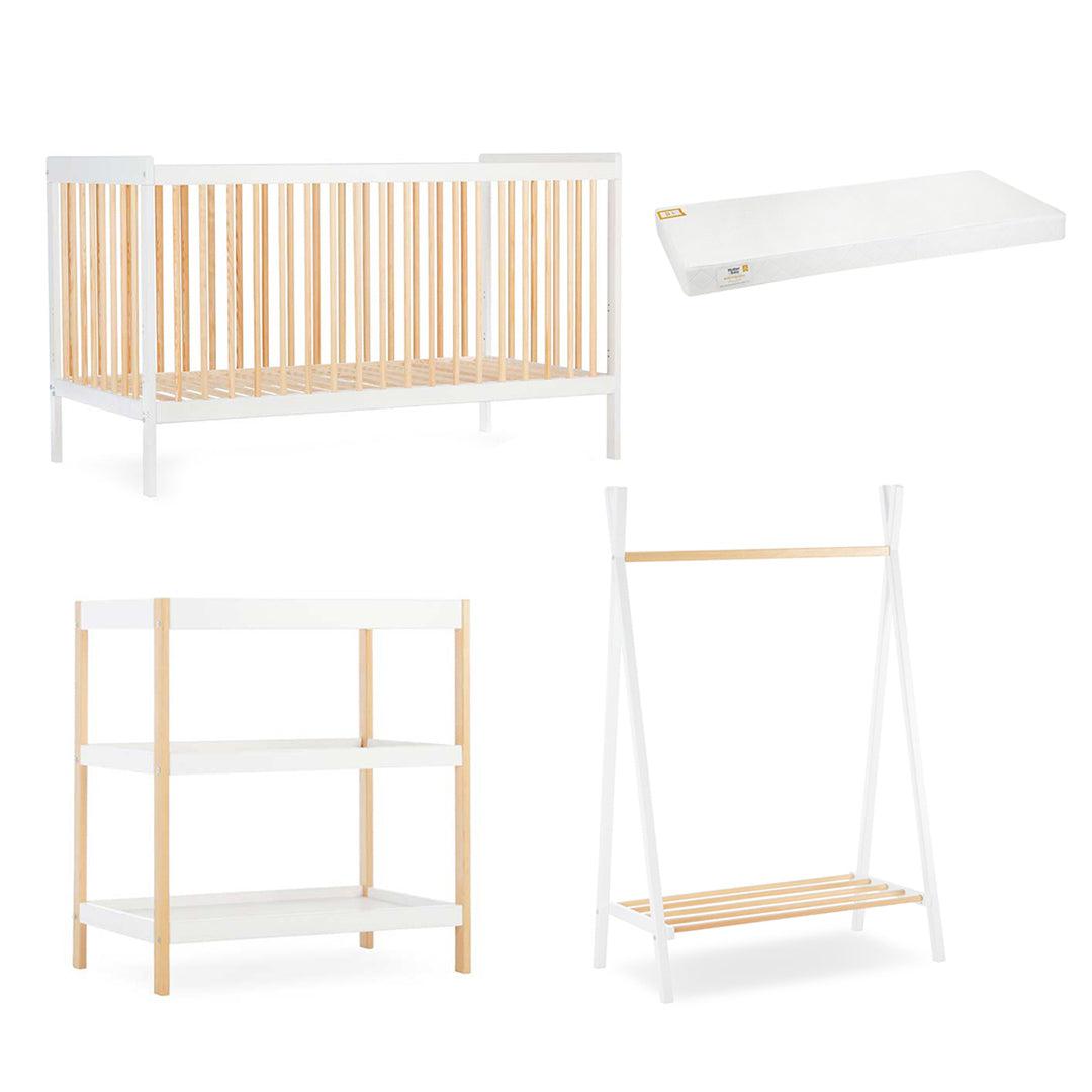  CuddleCo Nola 3 Piece Set Changer, Cot Bed + Clothes Rail - White/Natural、mySite、merchandisen