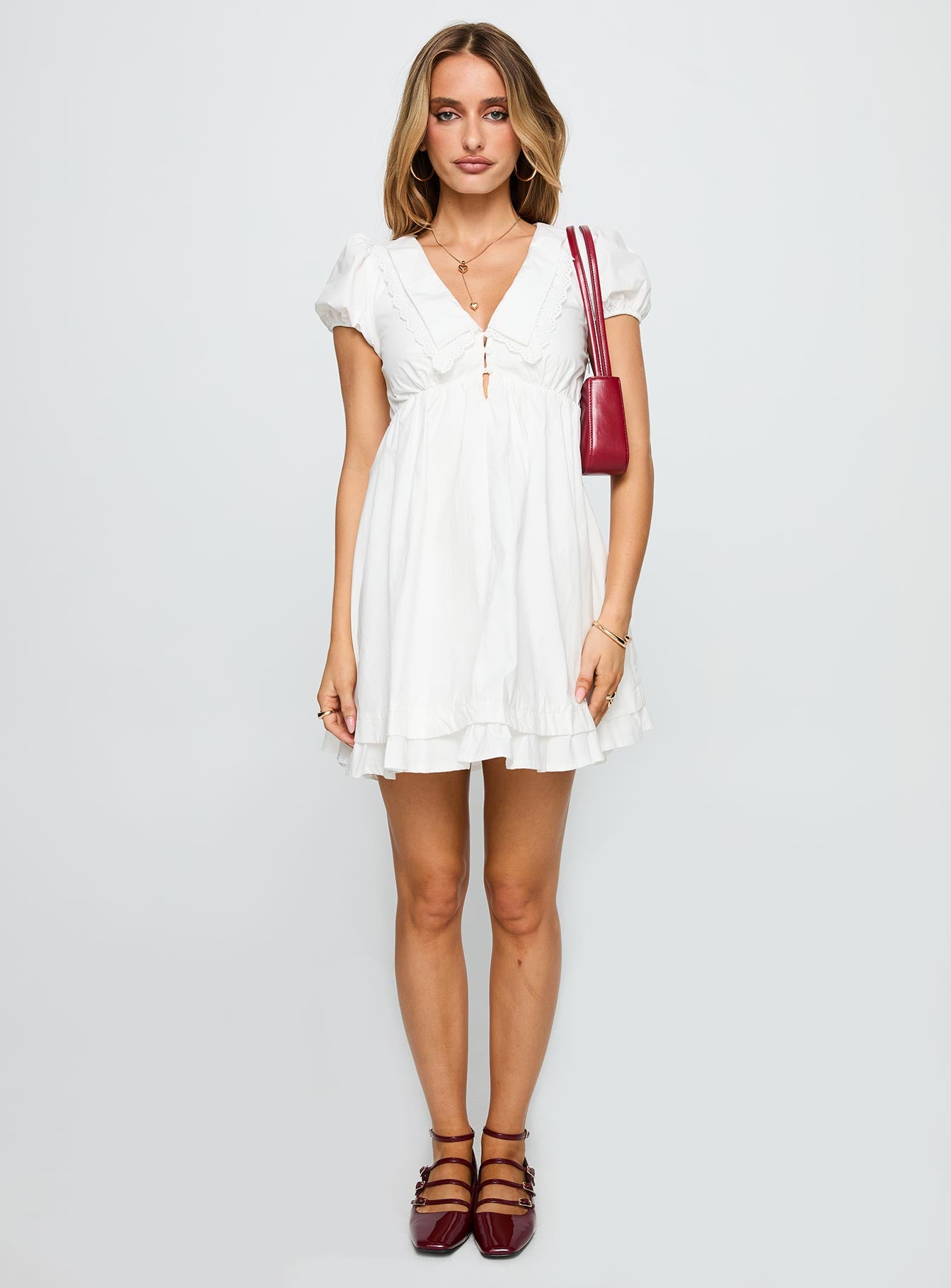 Sailoh Puff Sleeve Baby Doll Mini Dress White、mySite、solidvoid