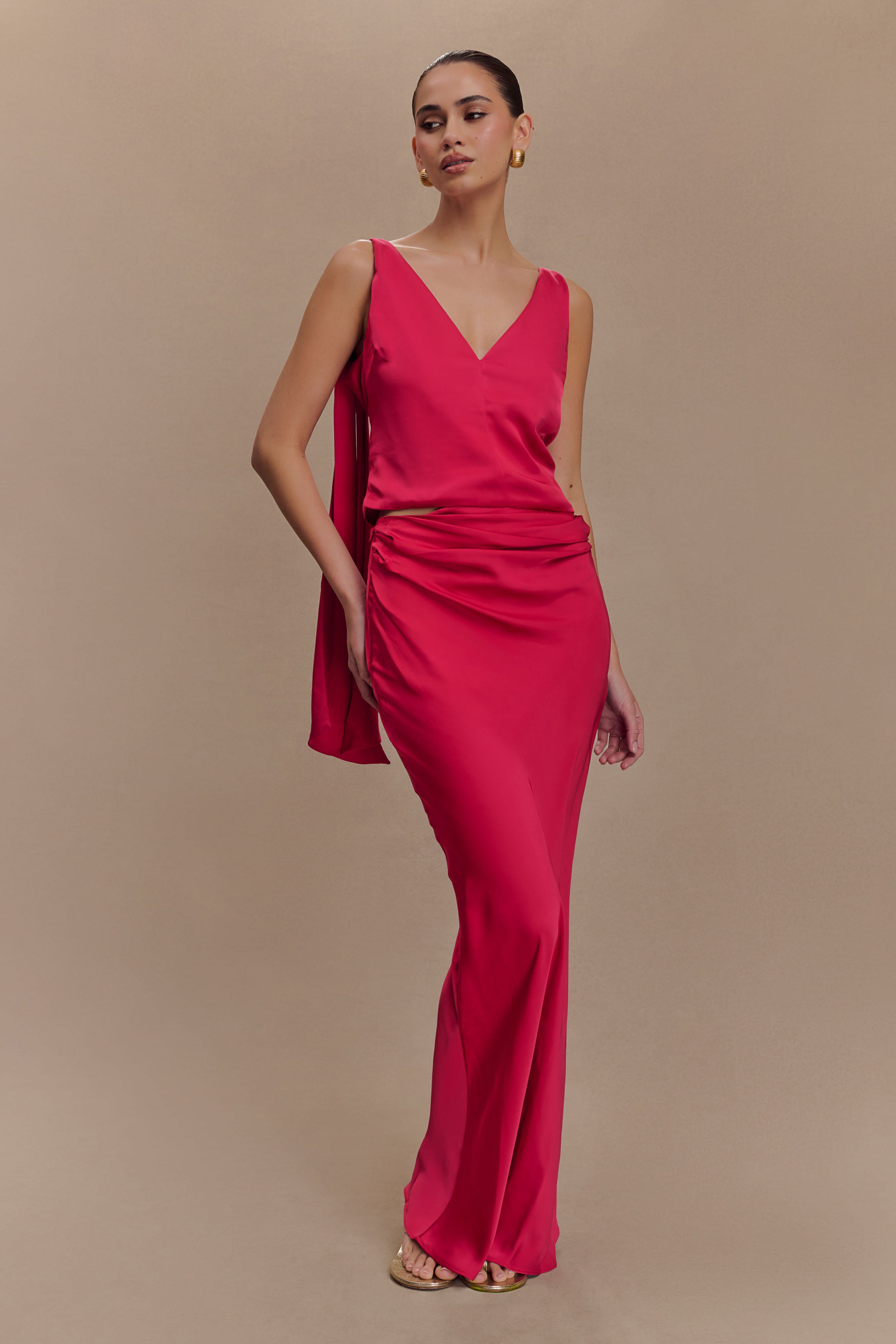 Nicola Satin Asymmetric Maxi Skirt - Pink Cherry、mySite、solidvoid