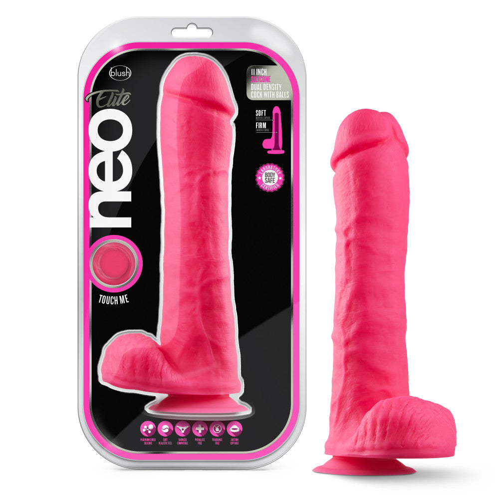 Neo Elite By Blush® | Neon Pink: 11.5-Inch Long Dildo - Made with Purio™ Silicone & SensaFeel® Dual Density Realistic Technology、mySite、bottomscart