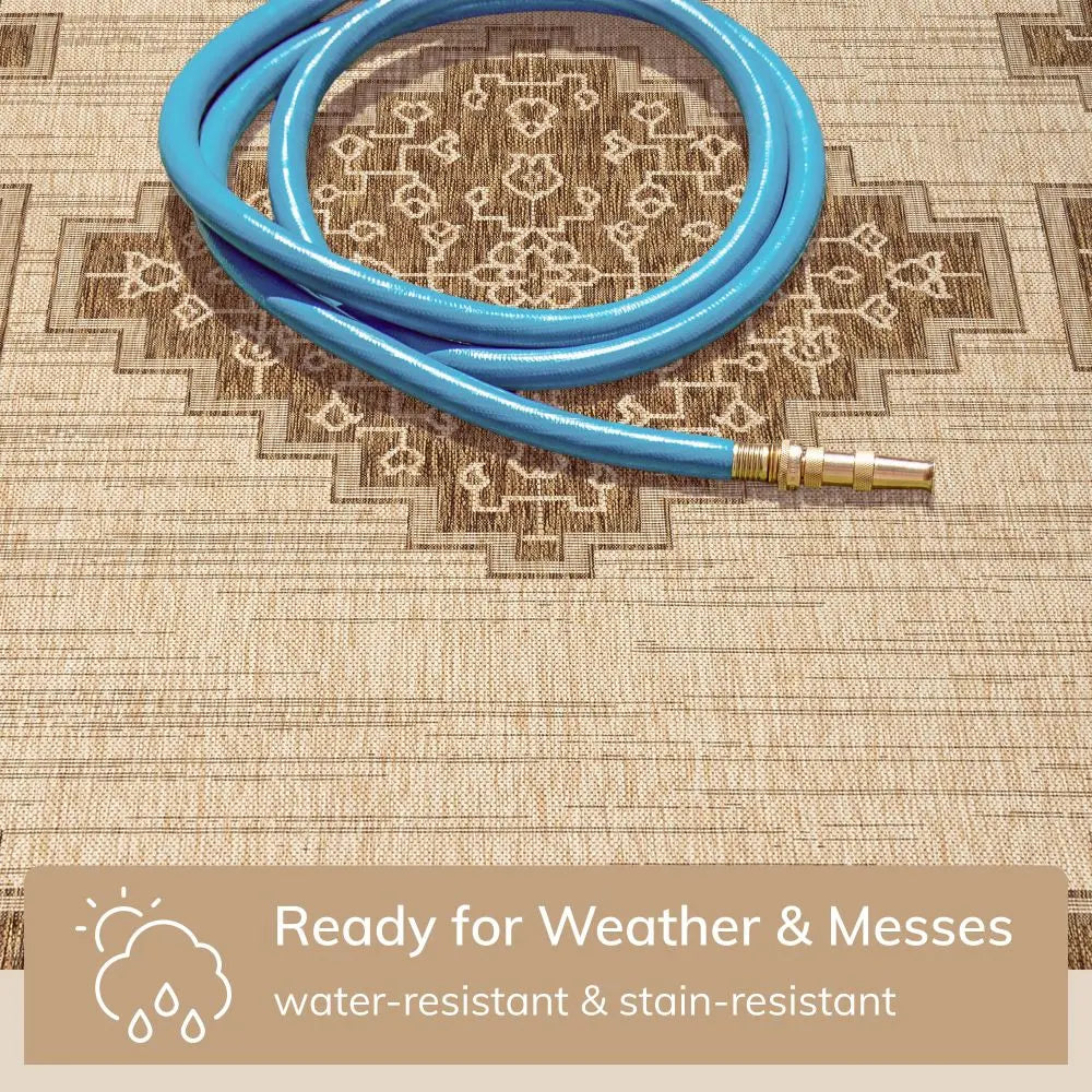 Mani Oriental Medallion Indoor Outdoor Brown Flatweave 5'3 x 7'3 Rug、mySite、gigharbornorthrealestate