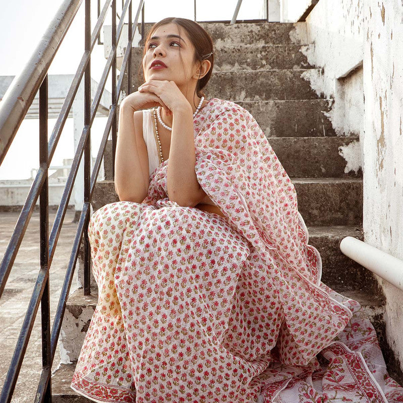 Handblock Printed Kota Doria Saree | White & Red、mySite、camillekostekn