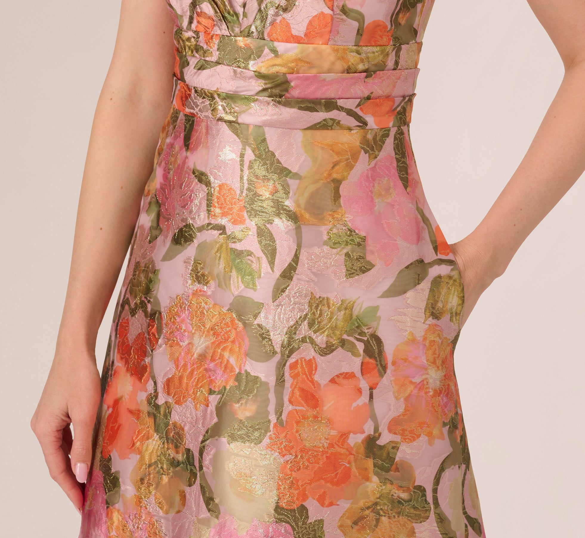 Metallic Floral Jacquard Midi Dress In Yellow Orange Multi、mySite、solidvoid