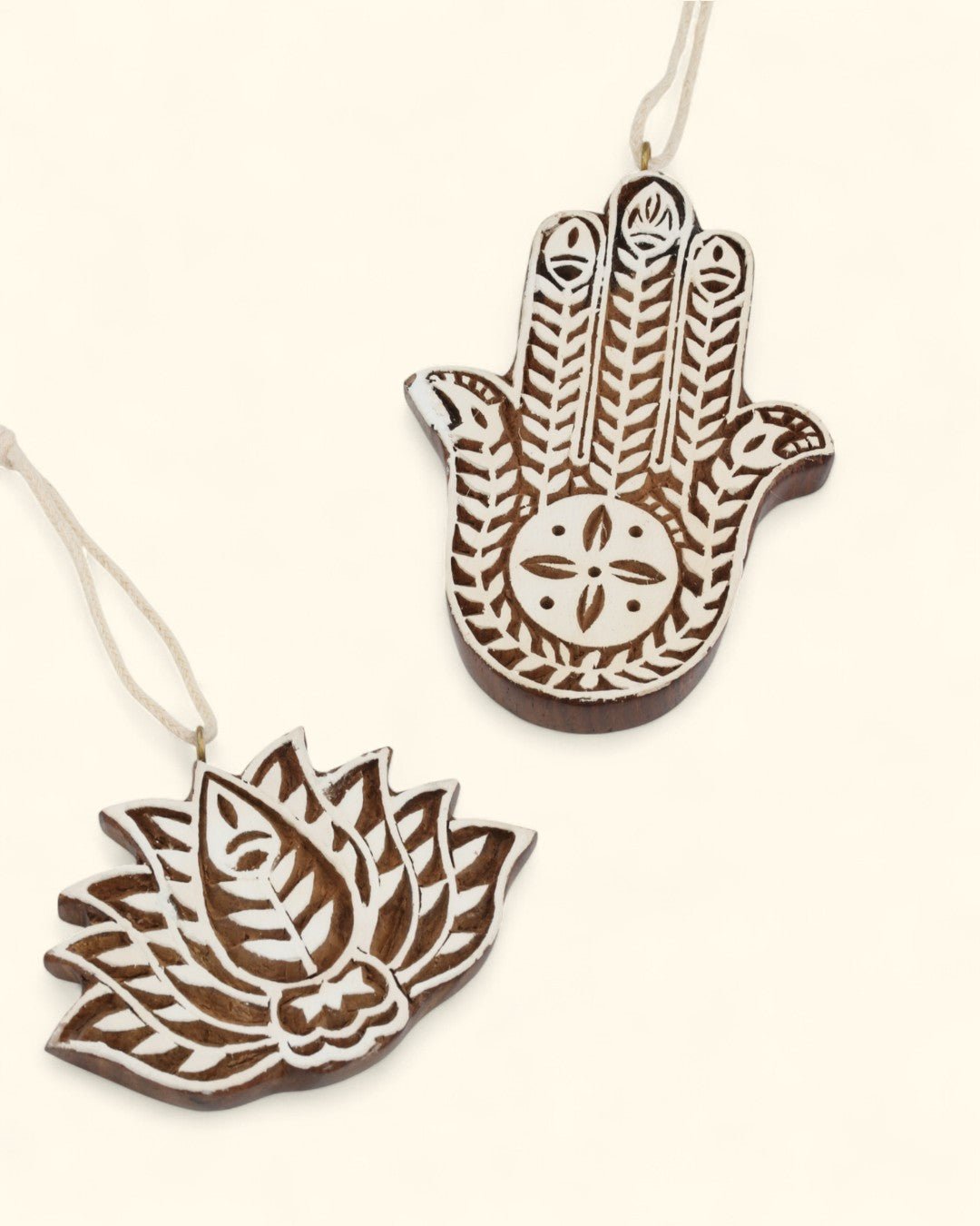 Hand-Carved Mango Wood Hamsa & Lotus Ornaments – Set of 2、mySite、topwebapps
