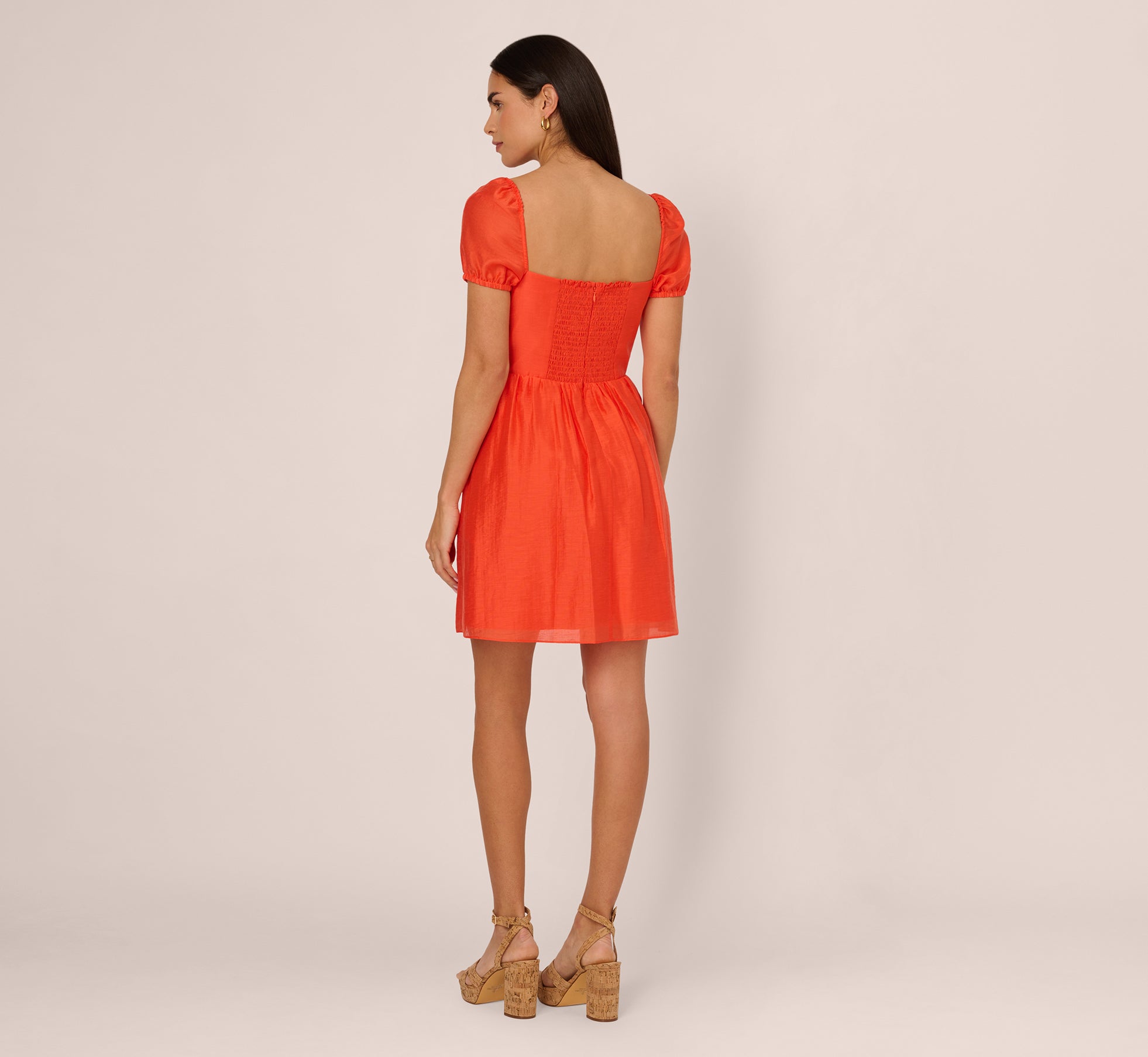 Shirred Fit And Flare Dress With Puff Short Sleeves In Orange Spice、mySite、solidvoid