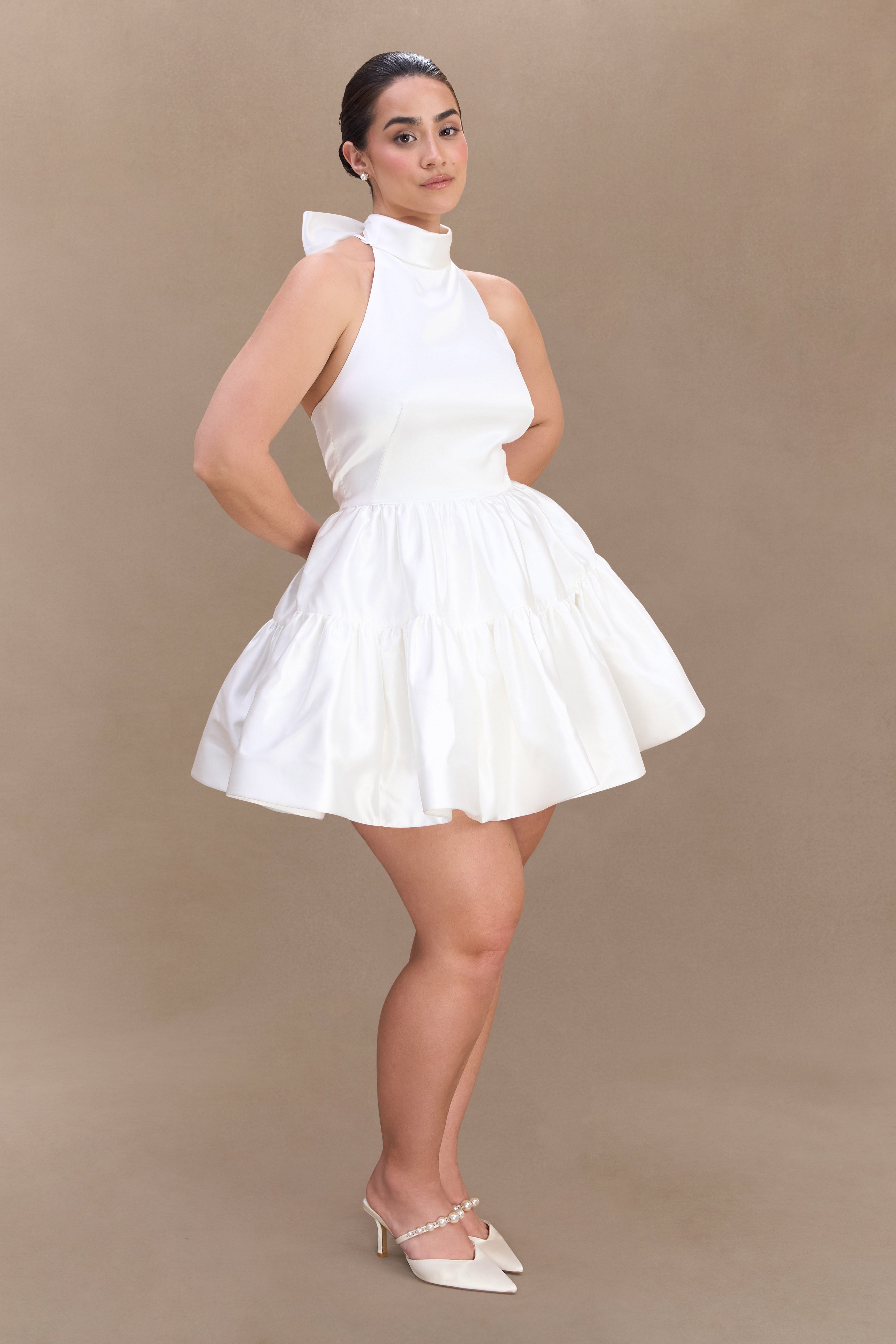 Dorota Satin Halter Mini Dress - White、mySite、solidvoid