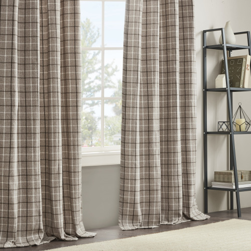 Plaid Rod Pocket and Back Tab Curtain Panel with Fleece Lining Brown 50x84"、、eastwooduniform