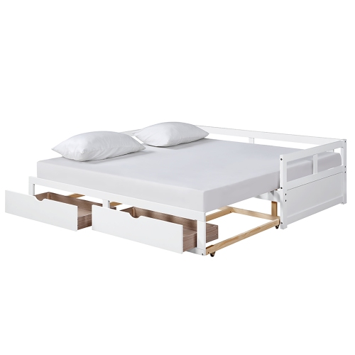 Wooden Daybed with Trundle Bed and Two Storage Drawers , Extendable Bed Daybed,Sofa Bed for Bedroom Living Room,White、、casual
