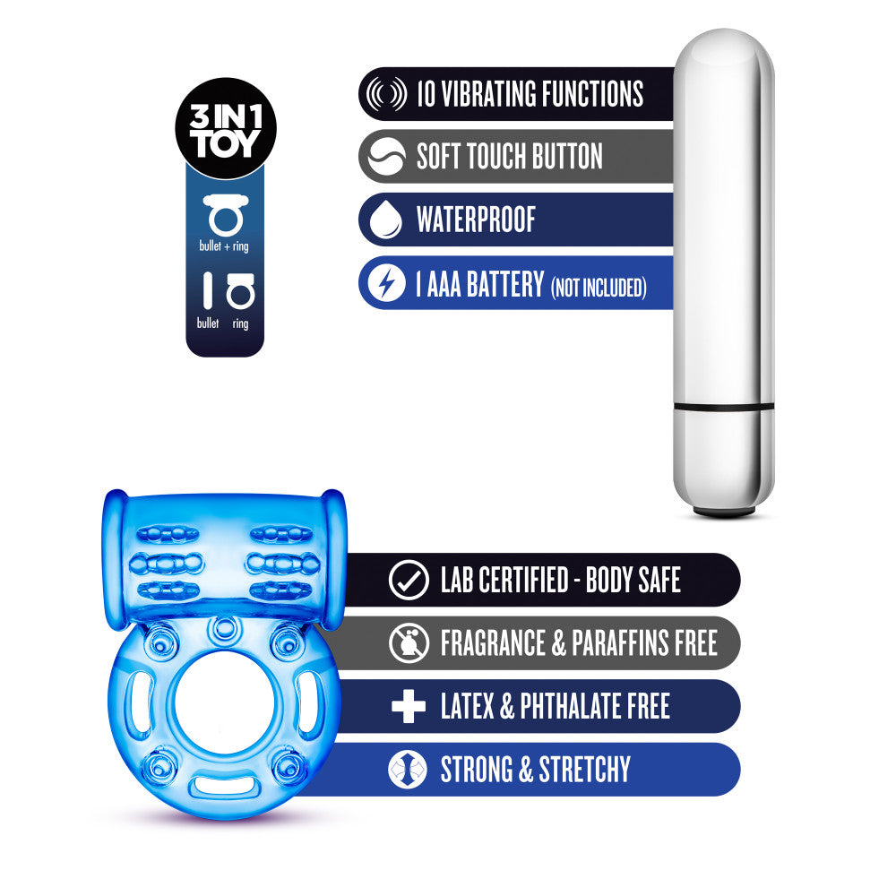 Stay Hard By Blush® | Bull Ring: 3-In-1 Blue 10-Function Vibrating Penis Ring、mySite、bottomscart