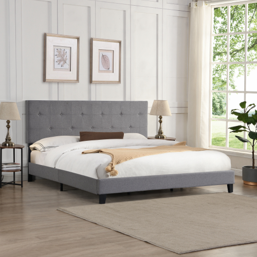 King Size Upholstered Platform Bed Frame with Button Tufted Linen Fabric Headboard, No Box Spring Needed, Wood Slat Support, Easy Assembly, Gray、、casual