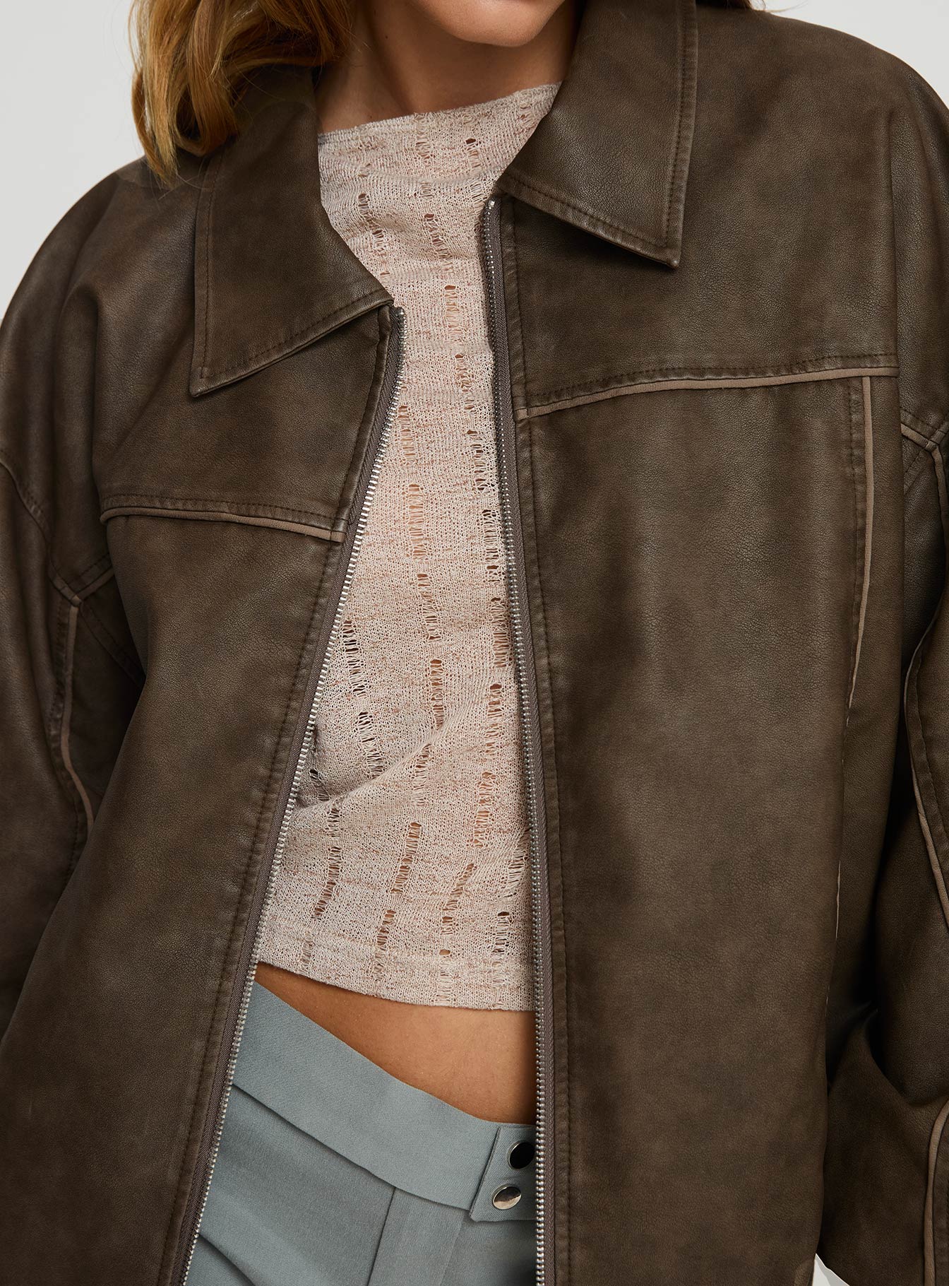 Goldsmith Faux Leather Bomber Jacket Washed Dark Brown、mySite、solidvoid