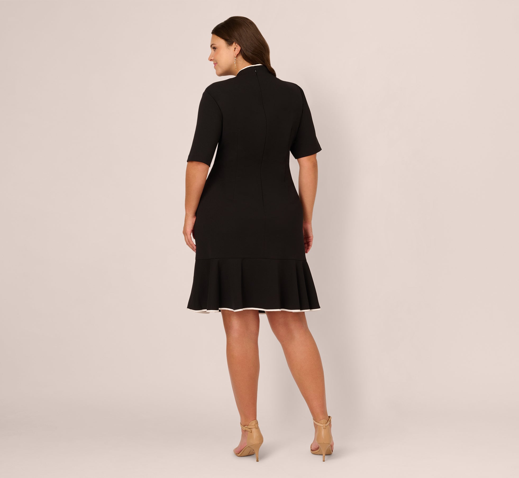 Plus Size Mock Neck Dress With Contrasting Bowtie In Black Ivory、mySite、solidvoid