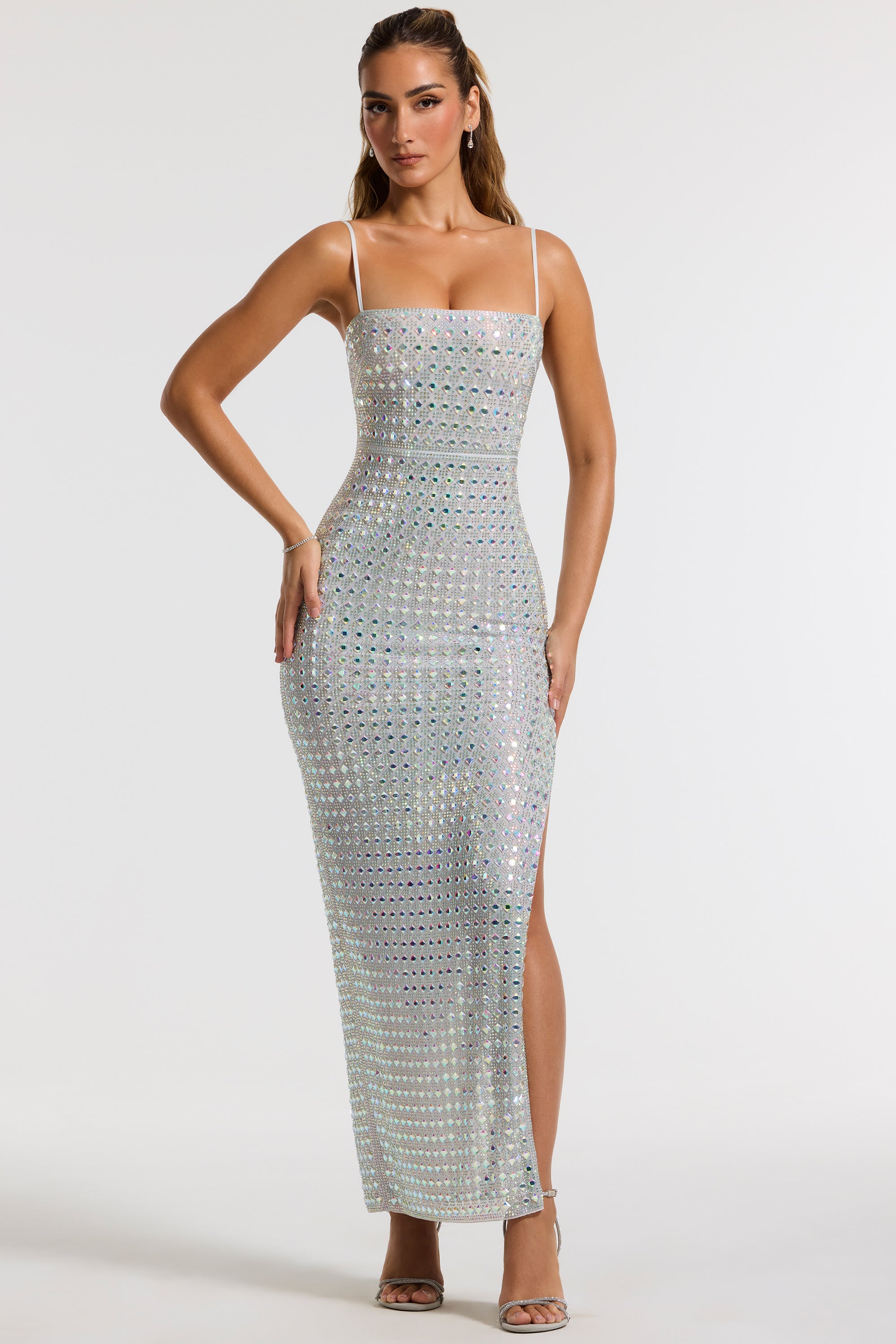 Embellished Square Neck Evening Gown in Silver、mySite、solidvoid